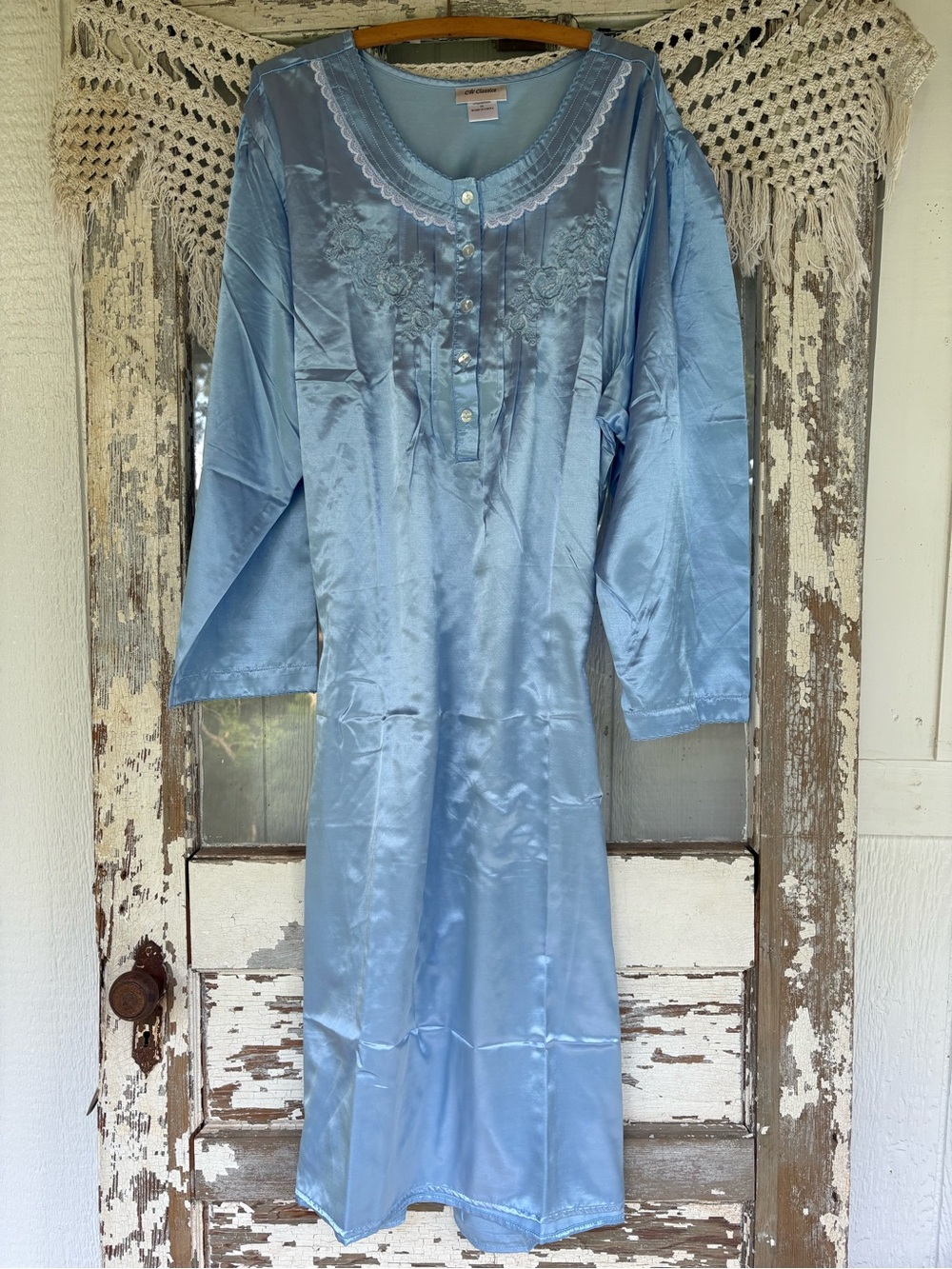 Classic Light Blue Satin Embroidered Nightgown